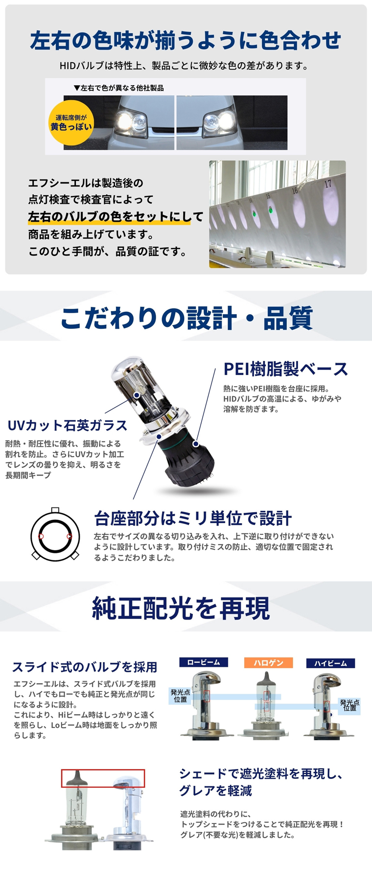 HIDバルブ 左右色合わせ 徹底した品質管理
